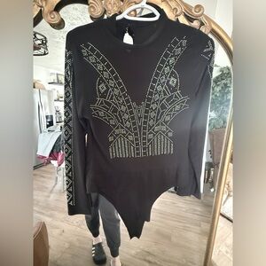 Love Nation Black Long-Sleeve Studded Bodysuit with Gold Studs